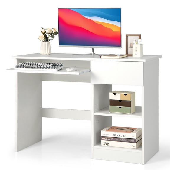 42.5" Computer Desk with CPU Stand& Keyboard Tray, Wooden Laptop PC Work Table with Drawer for Home Office, White