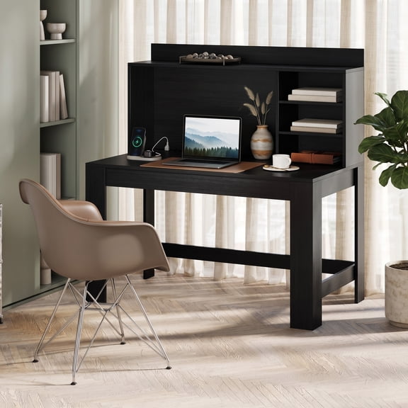 42.5" Computer Desk with Hutch & Power Outlets, Study Desk Writing Desk for Home Office,Black
