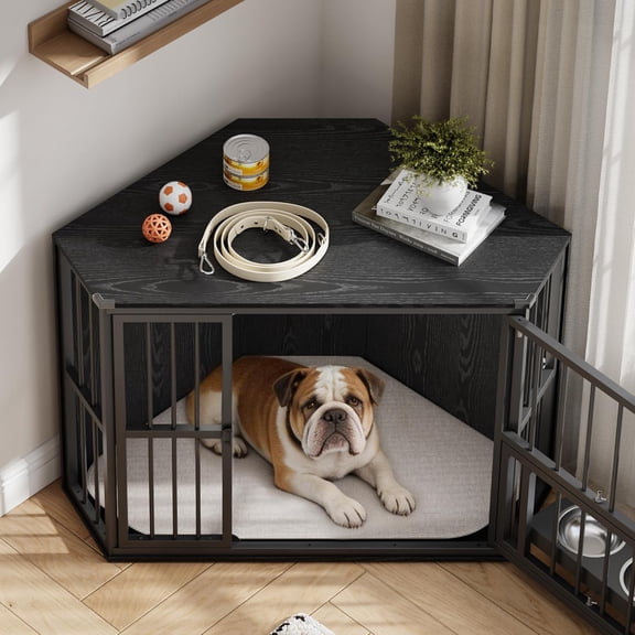 42.5" Corner Dog Crate Furniture, Wooden Dog Kennel Indoor with Feeding Bowls and Revolving Door, Decorative Dog Crate End Table for Small Dog, Black