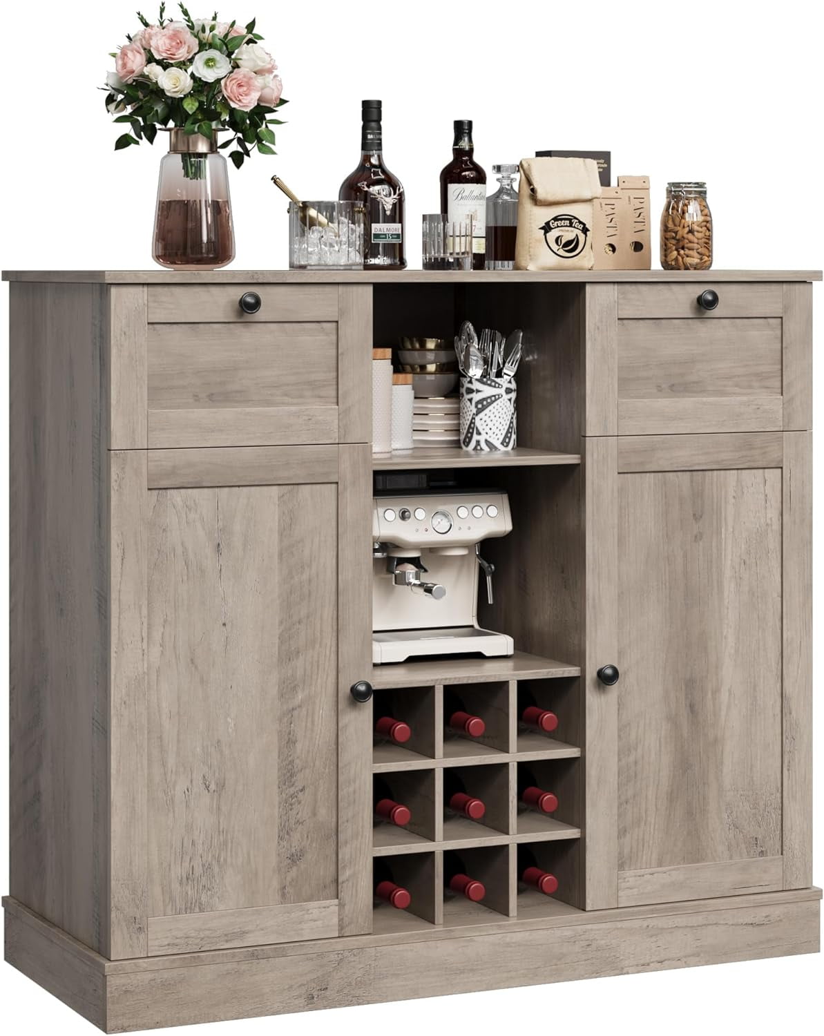 Amyove Buffet Storage Cabinet With Wine Rack - Farmhouse Style, Barn Mesh Door, 46.5" L, For Kitchen, Dining, Living Room