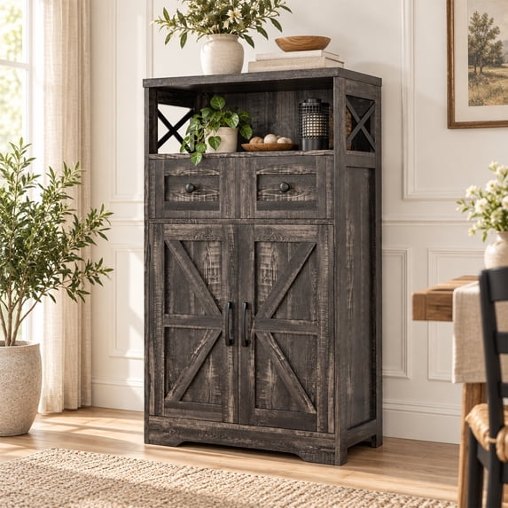 42.5" Farmhouse Storage Cabinet with 2 Doors, 2 Drawers and Adjustable Shelf, Narrow Freestanding Pantry Cabinet for Kitchen or Living Room