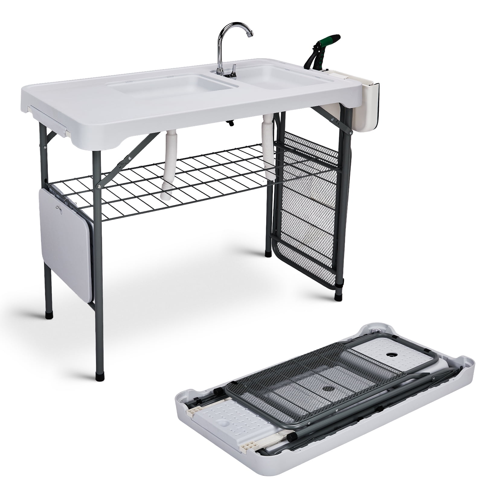 42.5" Fish Cleaning Table with Dual Sink, Portable Folding Camping Table with Foldable Extension Stand, Faucet, Sprayer, Grid Rack & Hose Hook Up, Outdoor Sink Station for Picnic