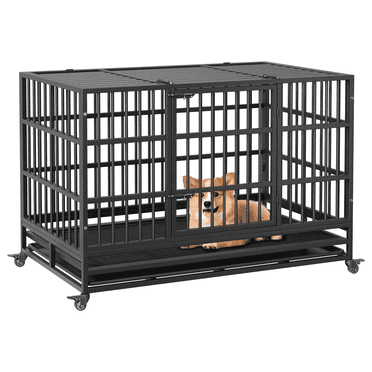 42.5'' Foldable Heavy Duty Metal Dog Crate with ,360° Lockable Wheels and Removable Tray for Small Medium Large Dogs,Easy to Clean and Assembly