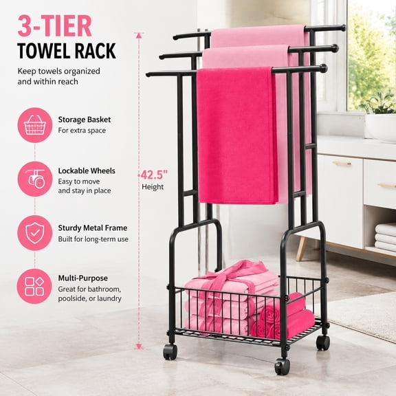 42.5" H Free Standing 3-Tier Metal Towel Rack with Wheels and Storage Basket, Large Bathroom and Outdoor Pool Rack, Multi-Use Blanket Drying Stand