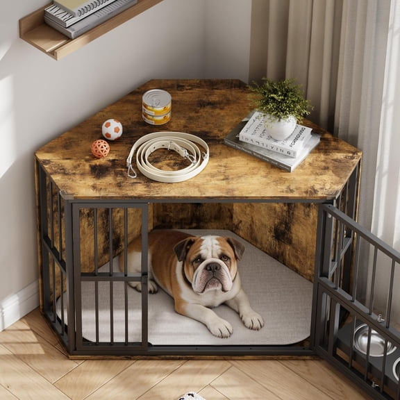 42.5 Inch Corner Dog Crate End Table - Wooden Indoor Kennel with Rotating Door - Feeding Bowls Included - Black