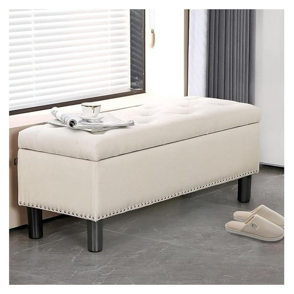 42.5 Inch Storage Ottoman , Top End of Bed Storage , Upholstered Blanket for Bedroom, Entryway, Living Room, Tufted Linen (Beige)