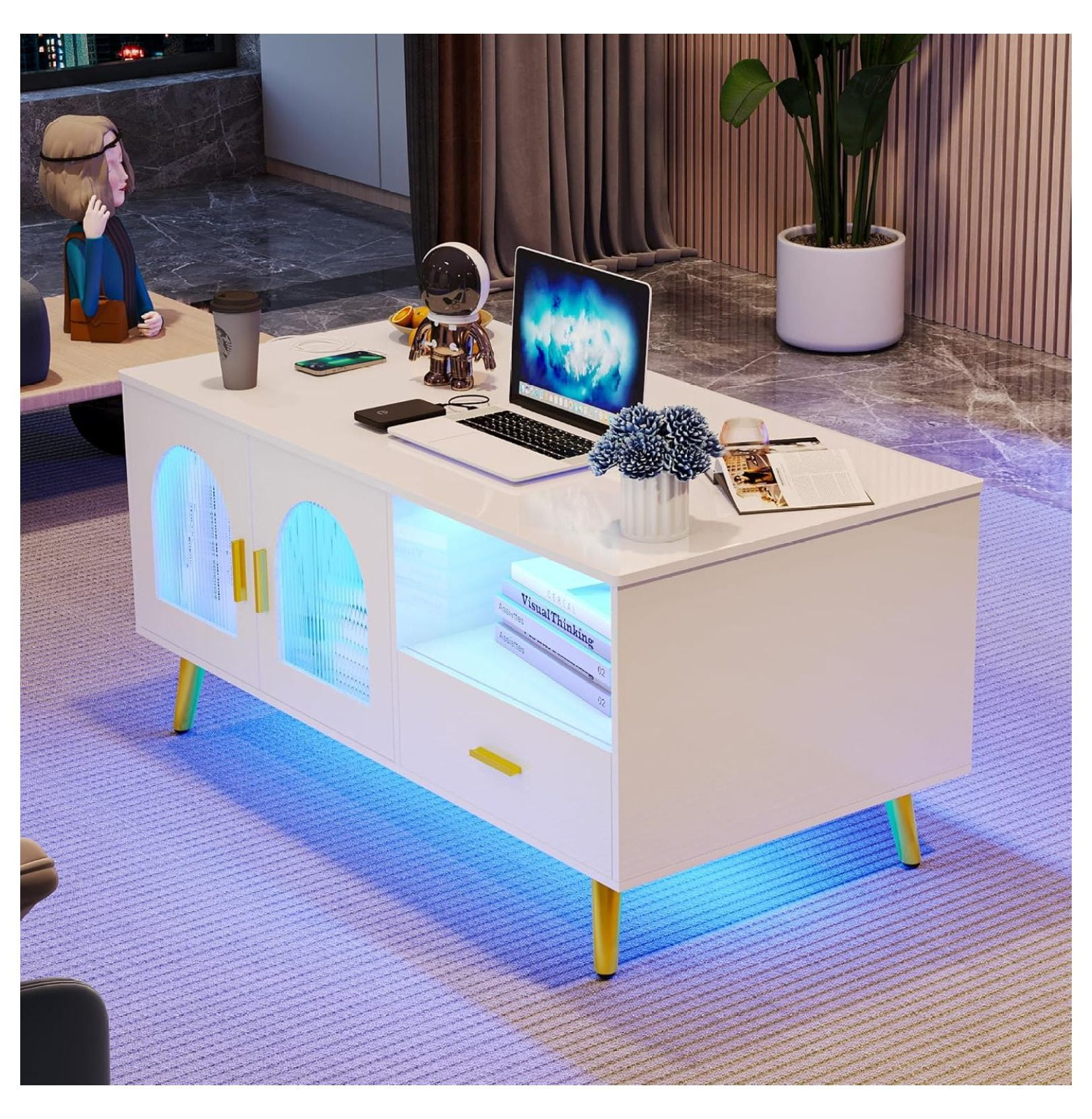 42.5'' LED Coffee Table with Charging Station, High Glossy Modern Accent Furniture with Storage