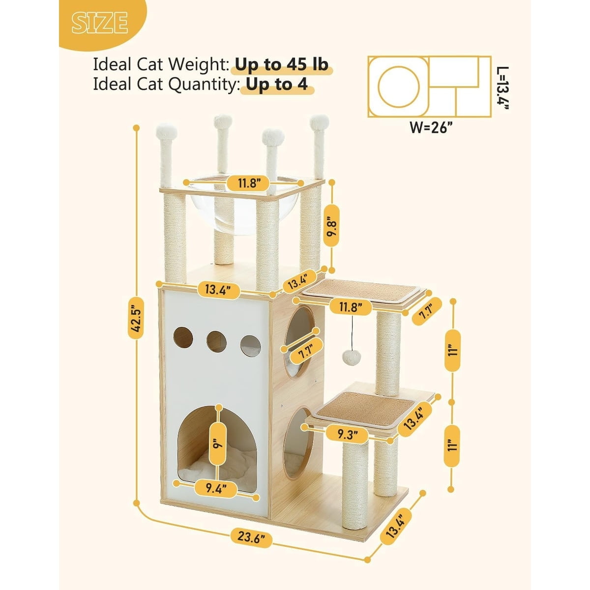 42.5" Beige Wooden Cat Tower with Sisal Scratching Posts