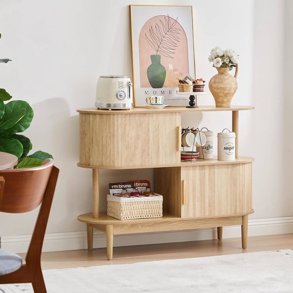 42.5" Oval Buffet Cabinet with 2 Open Shelves and Sliding Doors, Modern Wood Sideboard for Kitchen, Living Room or Hallway (Natural)