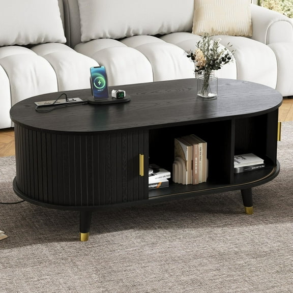 42.5" Oval Coffee Table with Charging Station, Mid-Century Fluted Tambour Door & Solid Wood Legs, Black Farmhouse Cocktail Table for Living Room