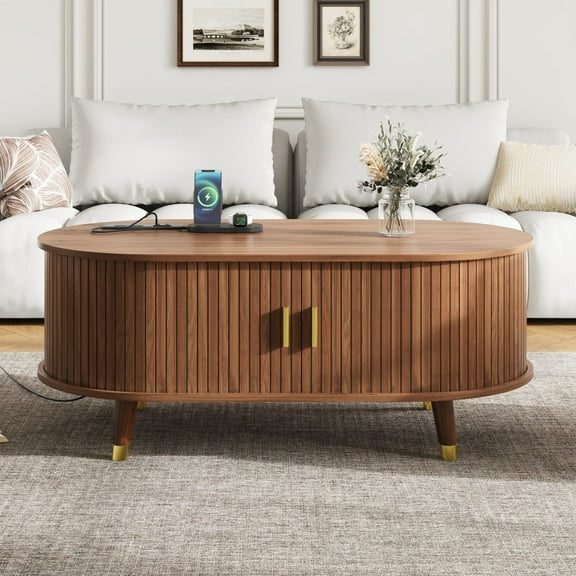 42.5'' Oval Coffee Table with Charging Station, Wooden Center Table with Sliding Door and Hidden Storage for Living Room, Walnut