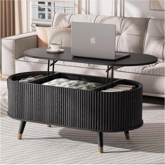 42.5" Oval Lift Top Coffee Table with Storage,Modern Black Center Table with Fluted Design, Solid Wood Legs & Hidden Compartment, Pop Up Coffee Table for Living Roomm