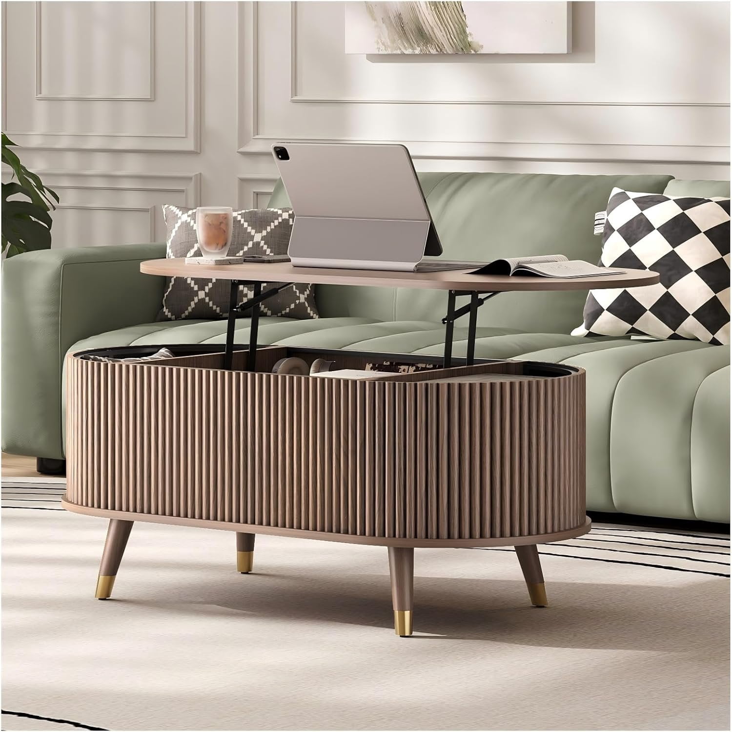 42.5" Oval Lift Top Coffee Table with Storage, Mid Century Modern ...