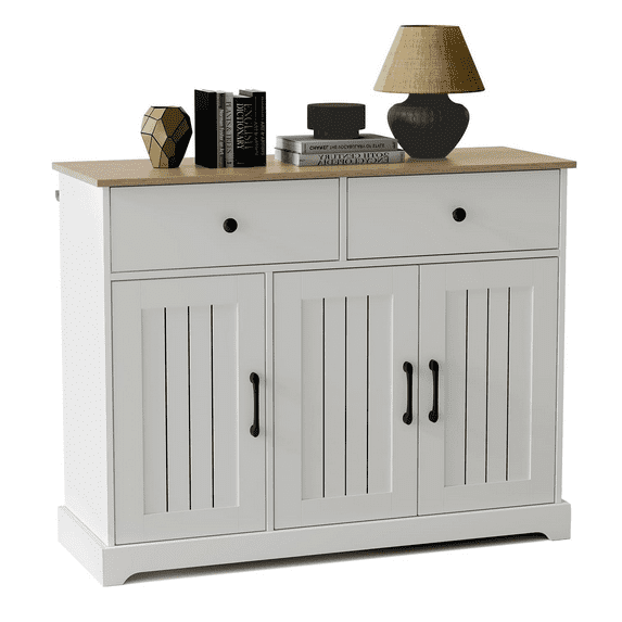 42.5"Sideboard Buffet Cabinet with Storage Farmhouse Kitchen Cabinet with Adjustable Shelf & 2 Drawers Wooden Coffee Bar Buffet for Living Room, Dining Room