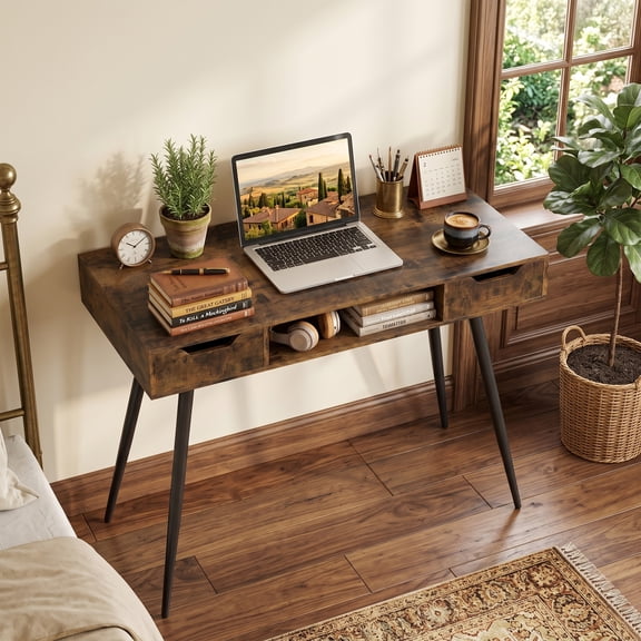 42.5 " Small Computer Desk with Drawers, Modern PC Laptop Table Computer Study Writing Workstation for Small Spaces, Rustic Brown