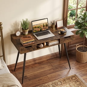 42.5 " Small Computer Desk with Drawers, Modern PC Laptop Table Computer Study Writing Workstation for Small Spaces, Rustic Brown