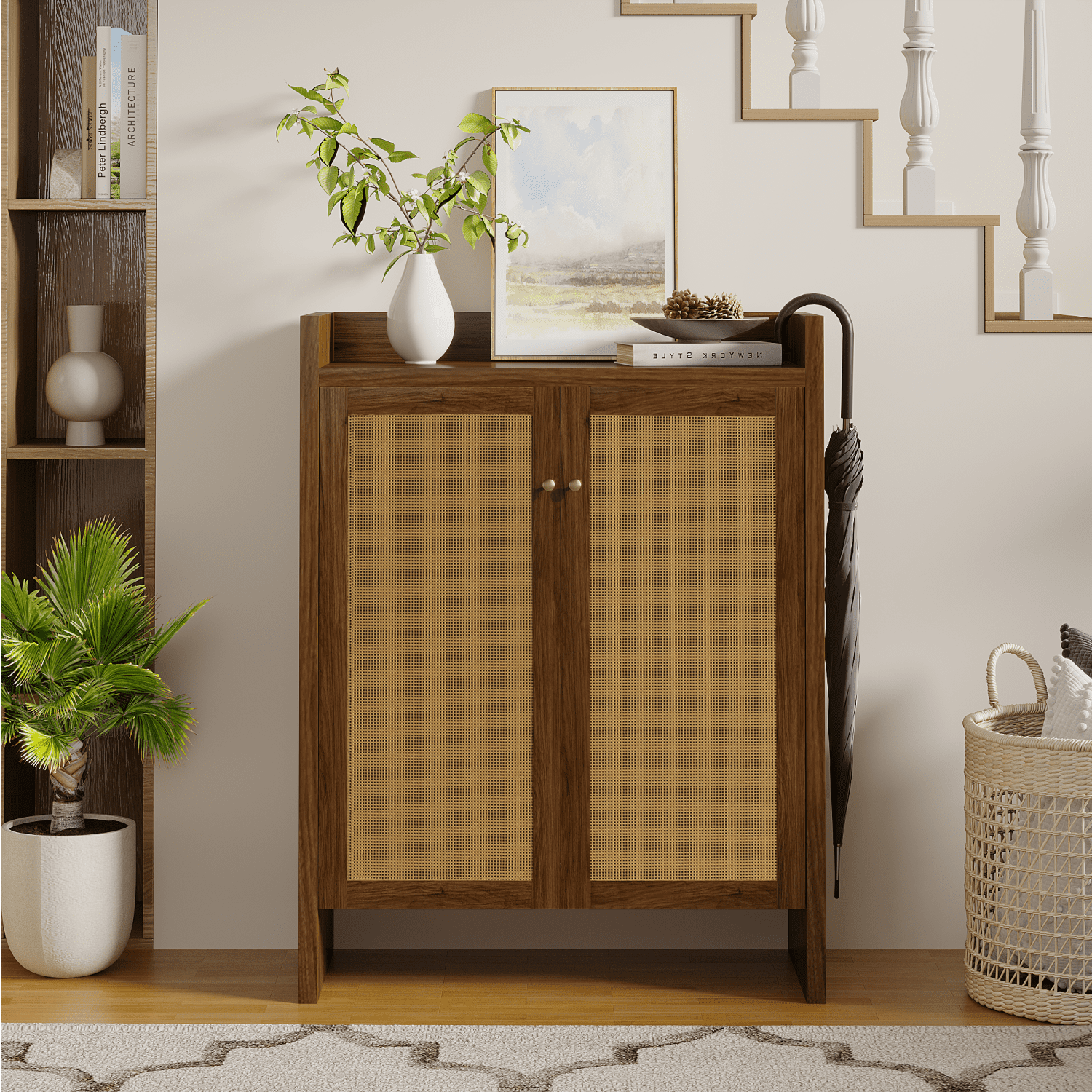 42.5" Tall Rattan Shoe Cabinet with Doors, 6-Tier Shoe Storage Cabinet with Adjustable Shelves, Wooden Freestanding Shoe Organizer Shoe Cabinet for Entryway,Hallway,Living Room (Walnut)