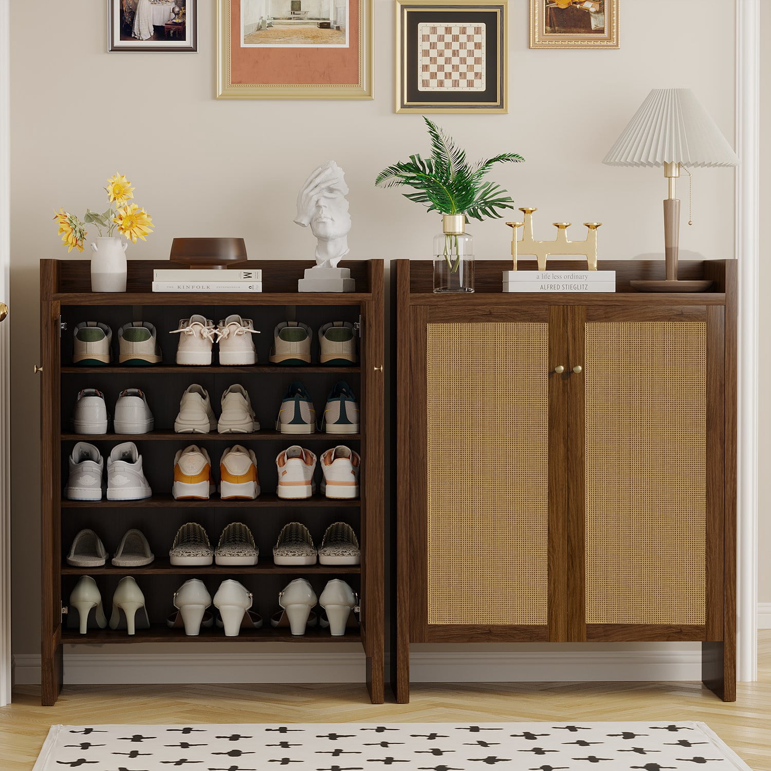 42.5" Tall Rattan Shoe Cabinet with Doors, 6-Tier Wooden Freestanding Shoe Storage Organizer with Adjustable Shelves, Mid-Century Entryway Shoe Cabinet for Hallway & Living Room