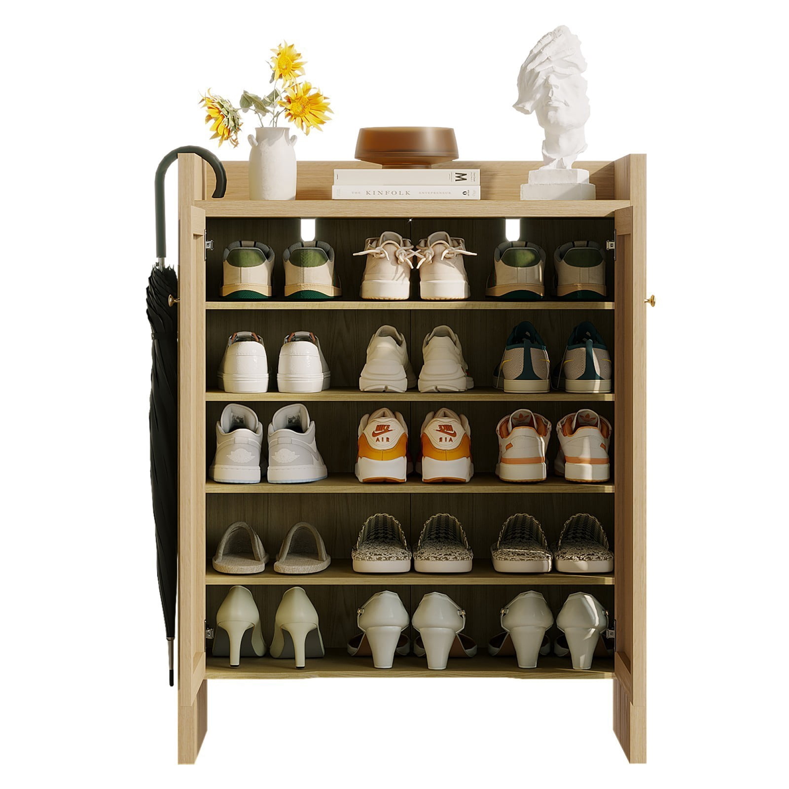 42.5" Tall Rattan Shoe Cabinet with Doors, 6-Tier Wooden Shoe Storage Organizer with Adjustable Shelves for Entryway Hallway, Natural