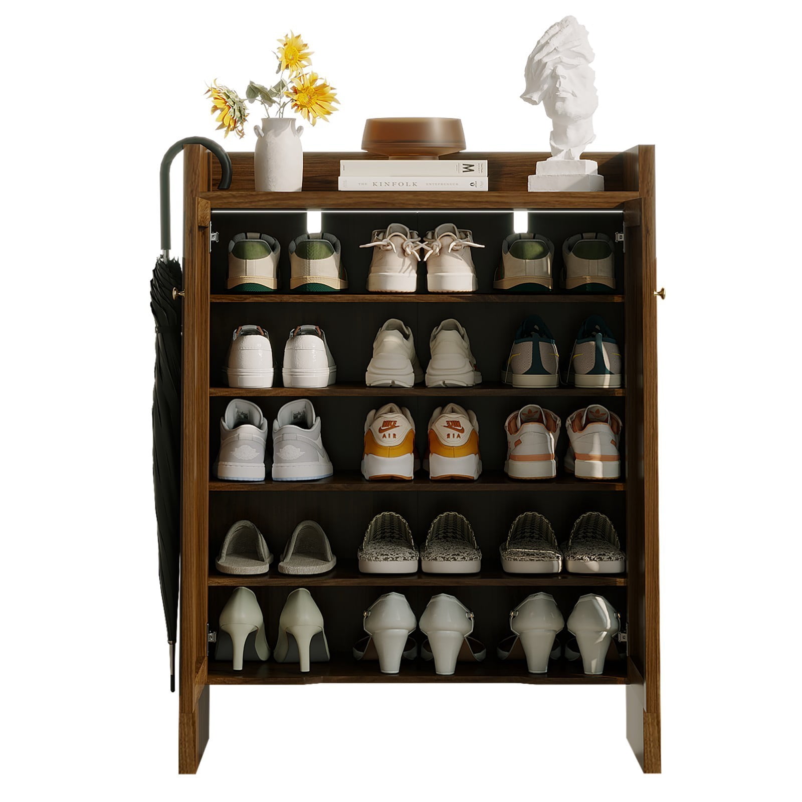 42.5" Tall Rattan Shoe Cabinet with Doors, 6-Tier Wooden Shoe Storage Organizer with Adjustable Shelves for Entryway Hallway, Walnut