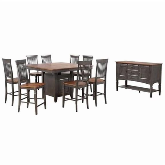 42-54 in. Dakota Counter Height Extendable Wood Pub Dining Table Set with Built in Storage - 8 Stools, Distressed Brown & Ash Gray - 5 Piece