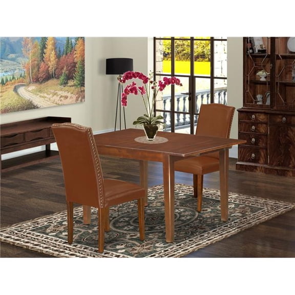 42-54 in. Milan Rectangular Dining Room Table with 12 in. Butterfly Leaf & Parson Chair with Mahogany Leg & Brown Flaux Leather, 3 Piece
