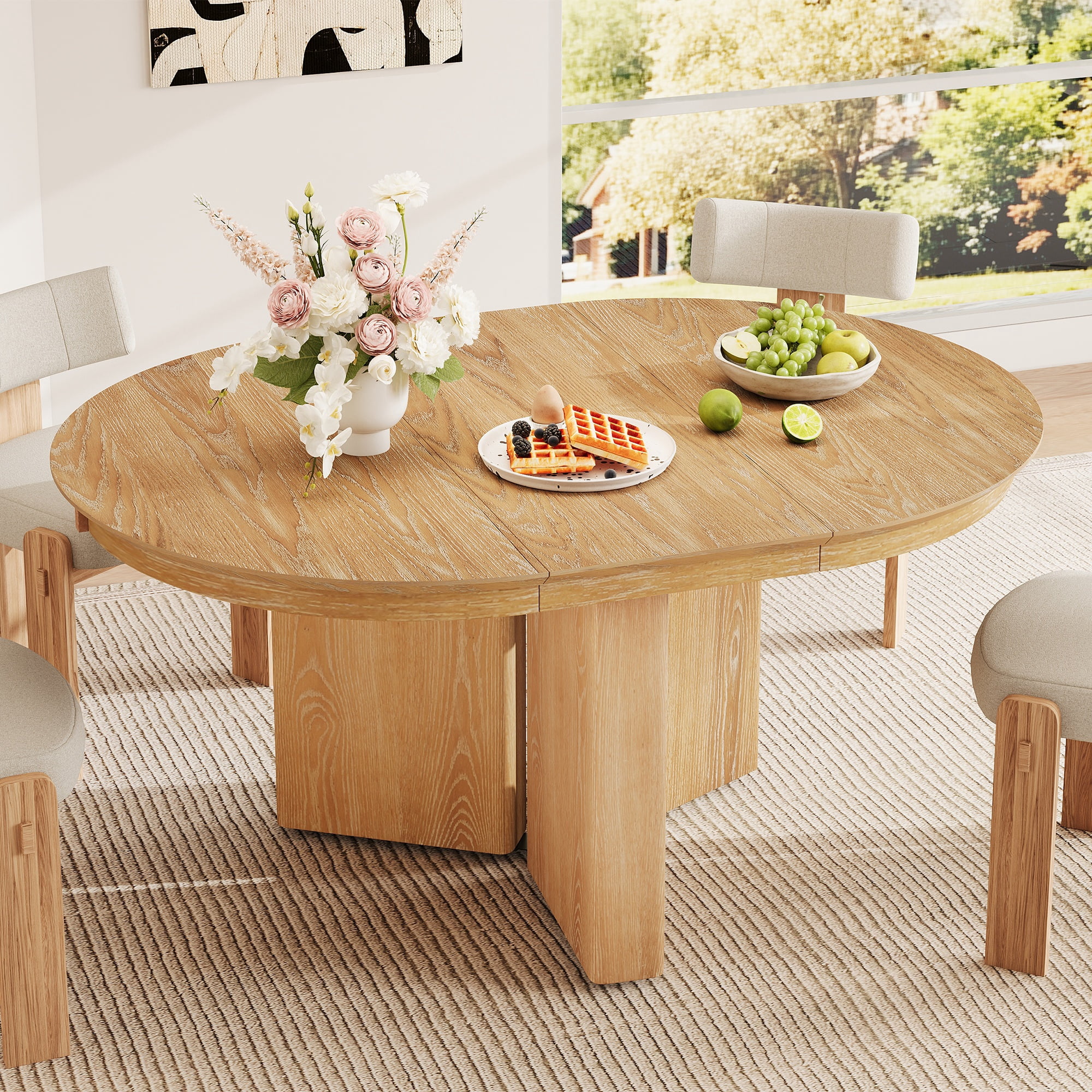 42-58 Inch Extendable Oval Dining Table with Pedestal Base, Modern Farmhouse Kitchen Table and Dining Room Centerpiece, Natural