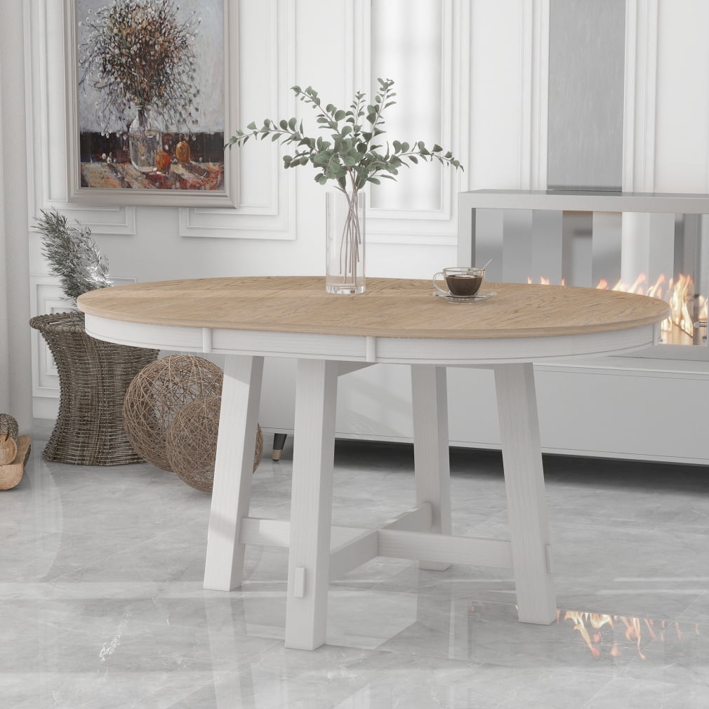42~58'' Round Extendable Dining Table, Farmhouse Wood Round Dining Table with 16" Leaf for 4 to ...