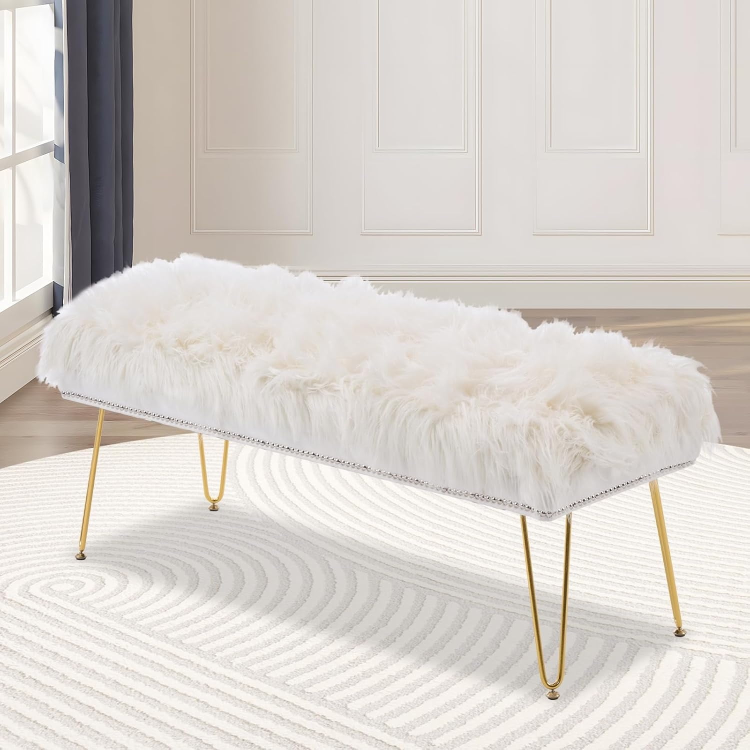 42.5Inch White Bedroom Bench Benches for Bedroom White Faux Fur ...