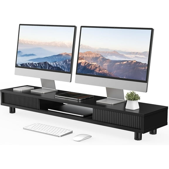Dual Monitor Stand, 42.5inch Long Monitor Stands Riser for 2 Monitors, Sliding Door with Storage Organizer Stand for Desk, 2 Tier Desk Shelf for Laptop, Pc, Printer, Computer, TV