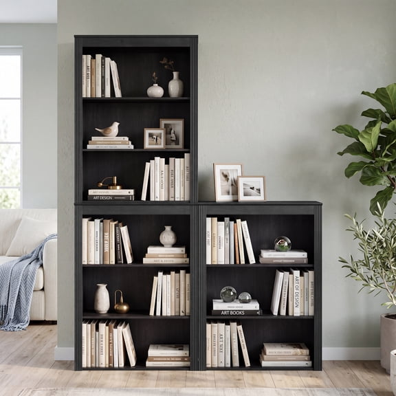 42.6" Tall Fluted Bookshelf Set of 3, 3-Tier Bookshelves with Adjustable Shelves, Freestanding Open Storage Bookcases for Living Room, Home Office, Bedroom, Black Gray (3-Piece)