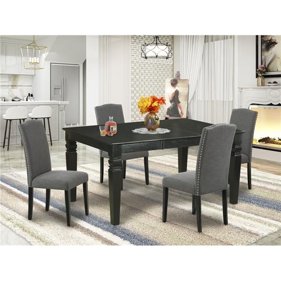 42-60 in. Weston Rectangle Kitchen Table with 18 in. Self Storing Butterfly Leaf & Four Parson Chair with Black Leg & Linen Fabric - Dark Gotham Gray, 5 Piece