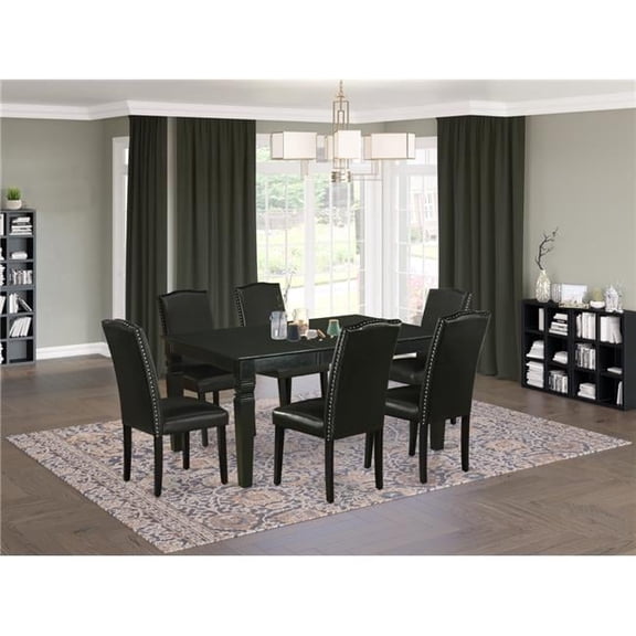 42-60 in. Weston Rectangular Dinette Table with 18 in. Leaf & 6 Parson Chair with Black Leg & Pu Leather - Black, 7 Piece
