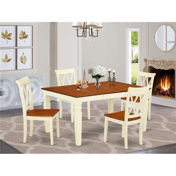 42-60 in. Weston Rectangular Table with 18 in. Leaf & 4 Double X Back Chairs - Buttermilk & Cherry, 5 Piece