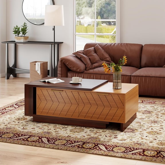 42"- 65" Extendable Coffee Table with Storage, Reversible Wood Coffee Table with 2 Drawers, Two-Tone Large Adjustable Center Table for Living Room, Office (Dark Walnut)