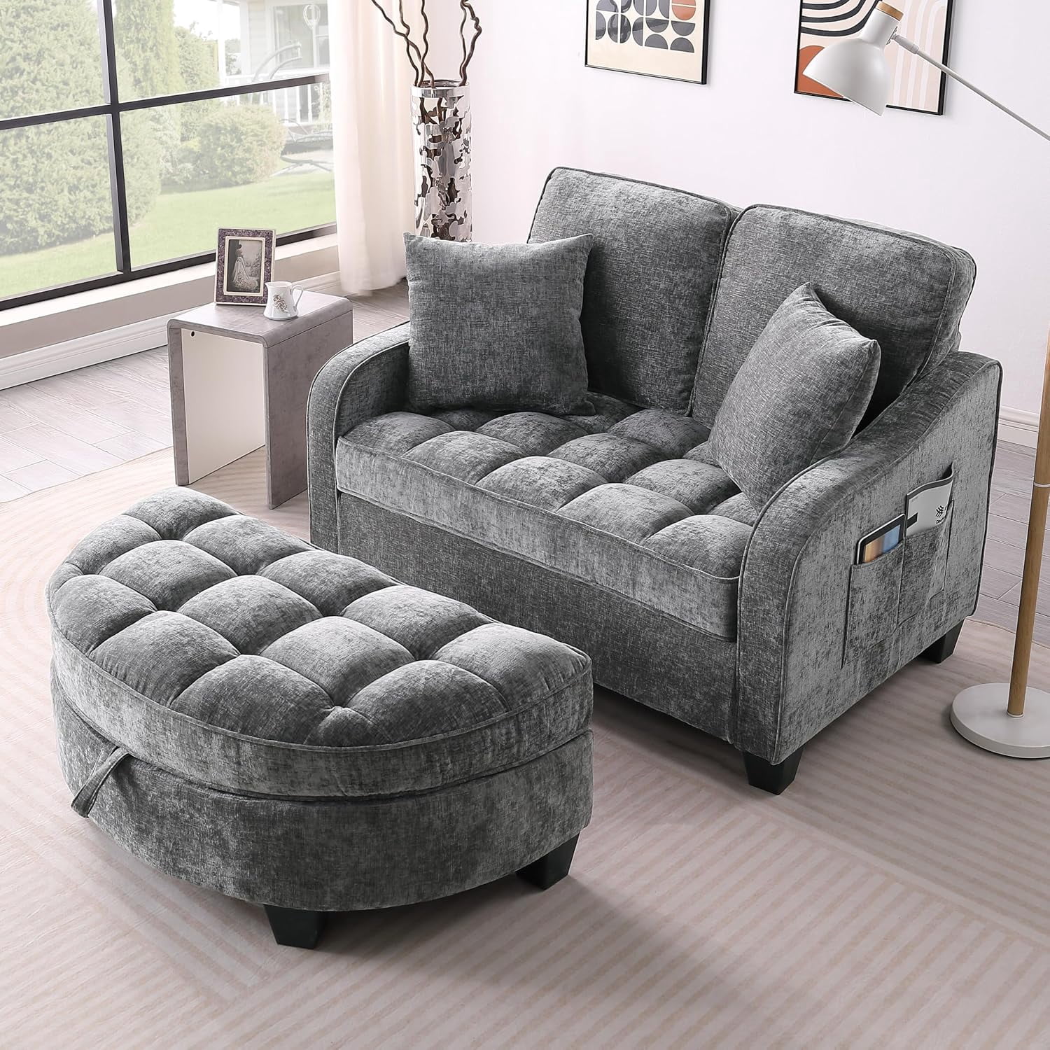 42.68'' Sleeper Sofa Bed Full, Corduroy 3 in 1 Convertible Couches, Grey | Recliner Loveseat with Large Storage Ottoman, Chaise Lounge Fit for Movie Night, Portable Fits RVS, Living Room, Apartment