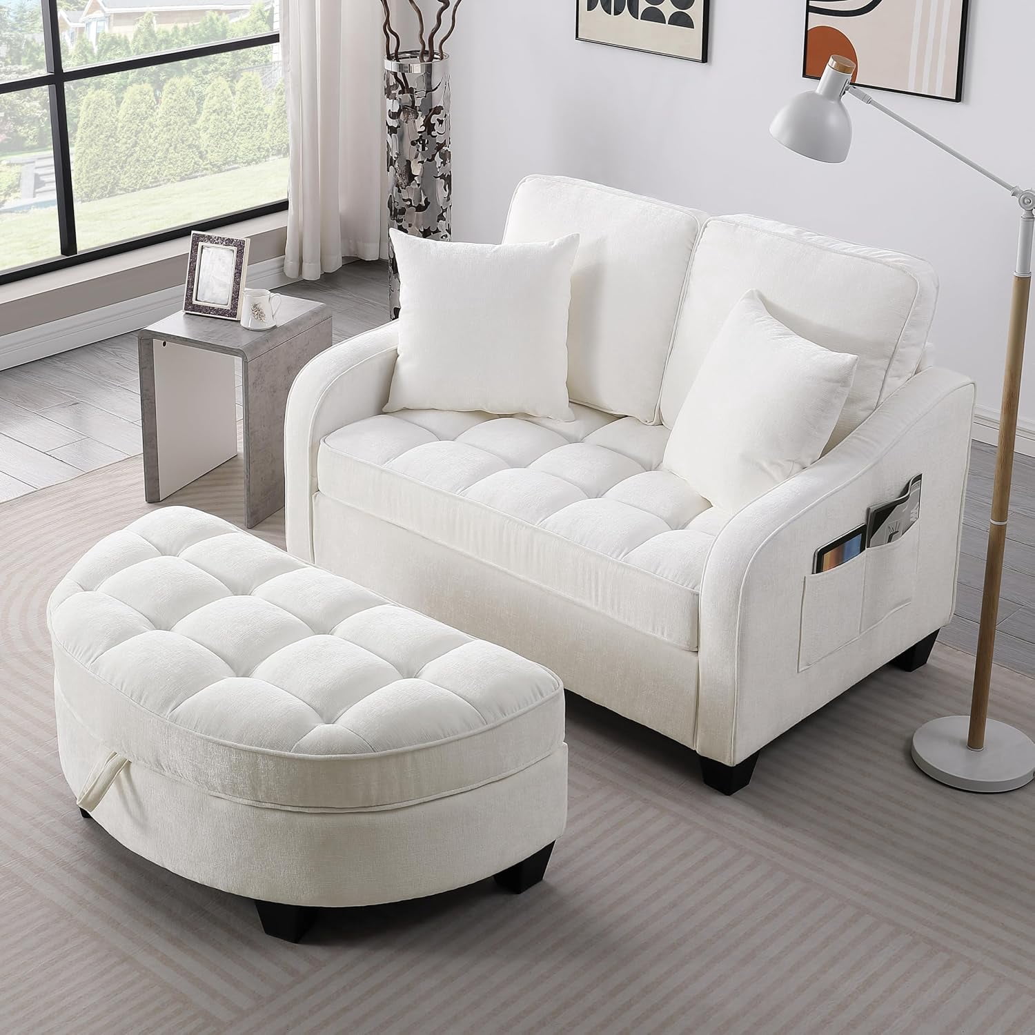 42.68'' Sleeper Sofa Bed Full, Corduroy 3 in 1 Convertible Couches, White | Recliner Loveseat with Large Storage Ottoman, Chaise Lounge Fit for Movie Night, Portable Fits RVS, Living Room, Apartment