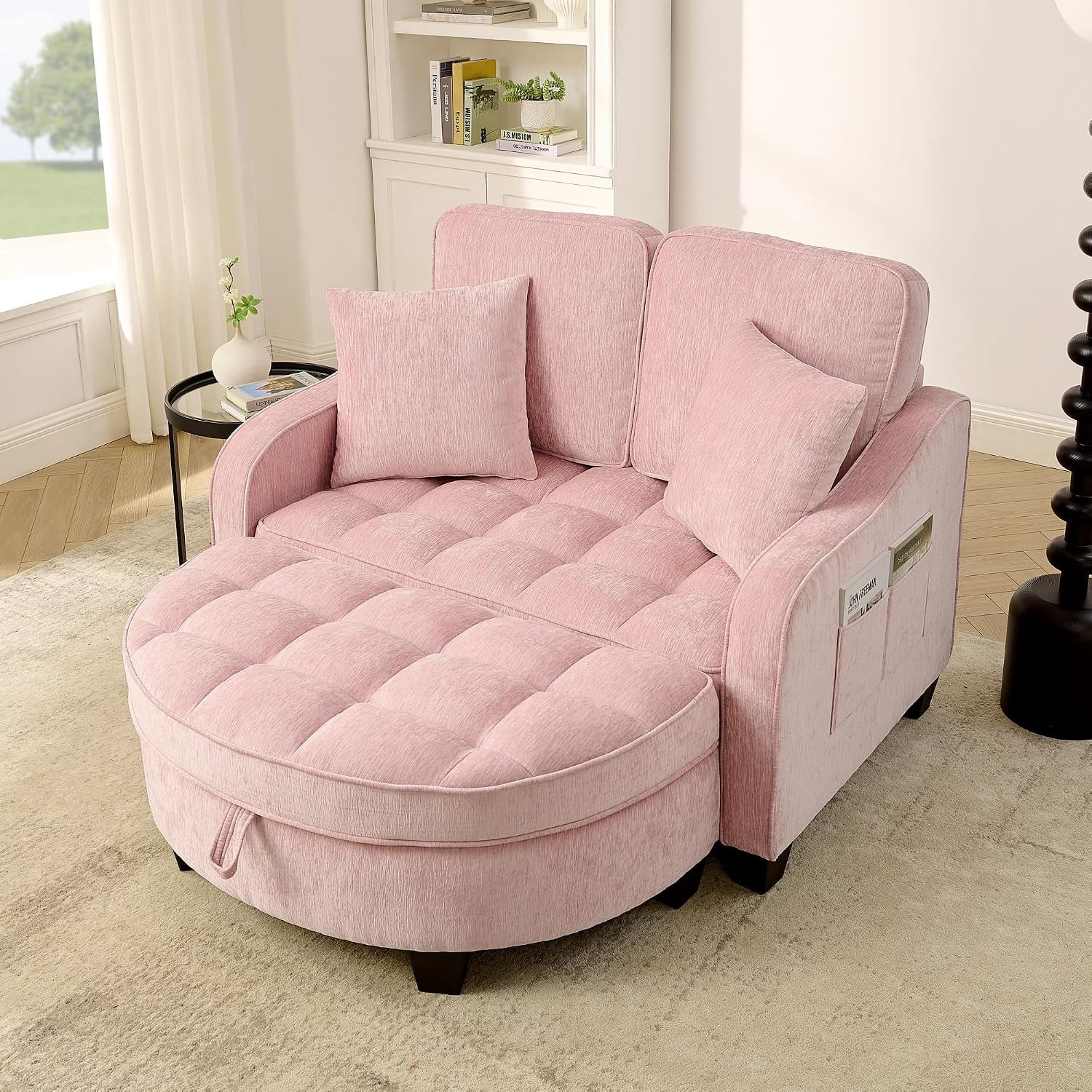 42.68'' Sleeper Sofa Bed Full, Corduroy 3in1 Convertible Couch, Blush Pink | Recliner Loveseat with Large Storage Ottoman, Chaise Lounge Fit for Movie Night, Portable Fits RVS, Living Room, Apartment