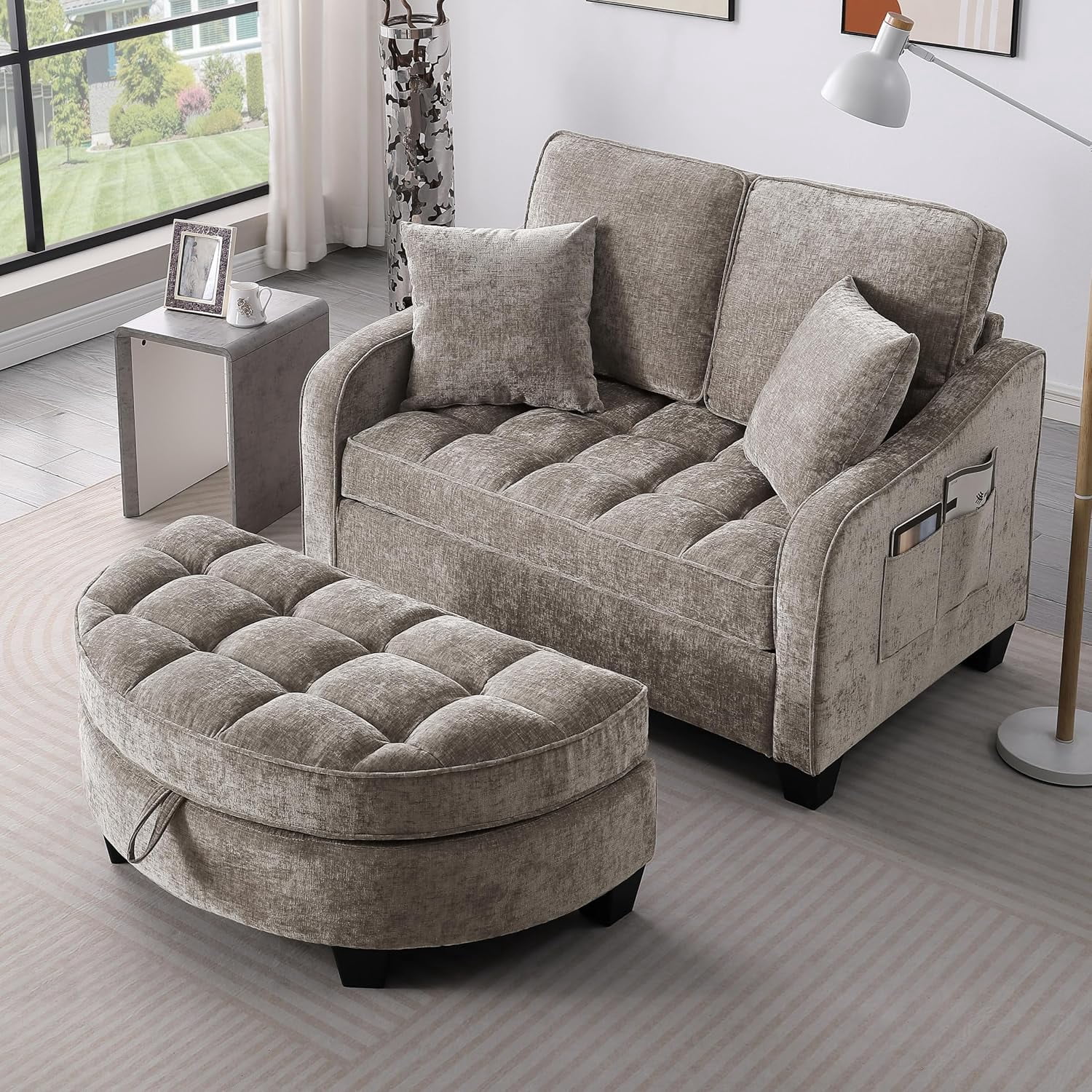 42.68'' Sleeper Sofa Bed Full, Corduroy 3in1 Convertible Couch, Taupe Brown,Recliner Loveseat with Large Storage Ottoman, Chaise Lounge Fit for Movie Night, Portable Fits RVS, Living Room, Apartment
