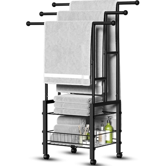 42.7" H Standing Towel Racks for Bathroom with Wheels, Upgraded Large Size 3 Tier Metal Blanket Rack Stand with Shelf and Basket, Storage for Oversized Bath Towels Bathroom Pool Accessories