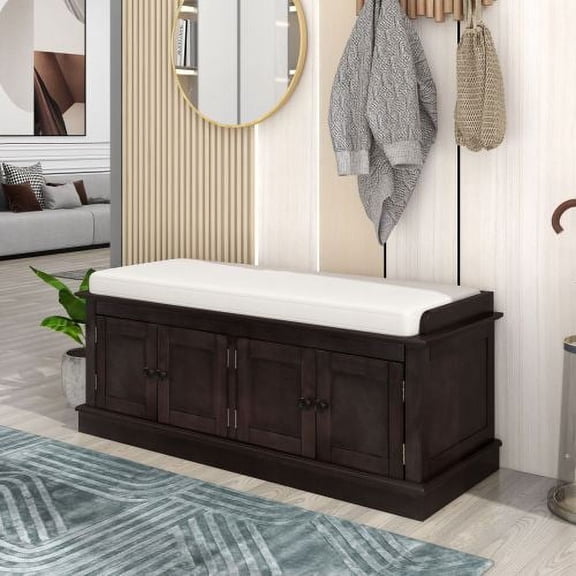 42.7" Storage Bench, Entryway Bench with Adjustable Shelves, Shoe Cabinet with Adjustable Shelf, 4 Doors and Removable Cushion for Entryway, Hallway, Living Room, Expresso