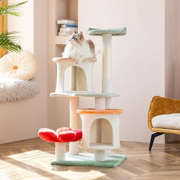 42.7 inch Flower Tree Tower Condo Furniture Apartment Plush Habitat Kitten Amusement Platform Multi-Level with Scratch Posts Ball Pet House Play for Indoor Cats