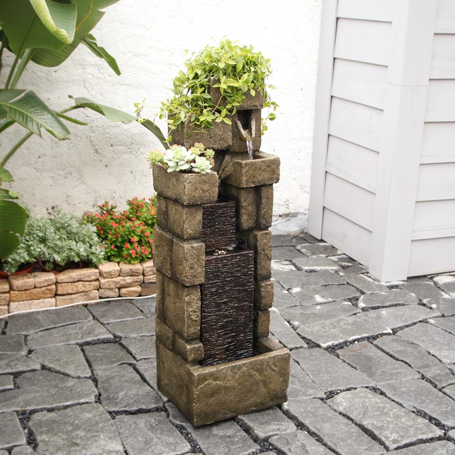 42.72" H Modern Stacking Bricks Water Fountain Outdoor Cascading Waterfall Fountains with Led Lights for Gardens Landscaping Patios Balconies and Lawns Decor for Outside