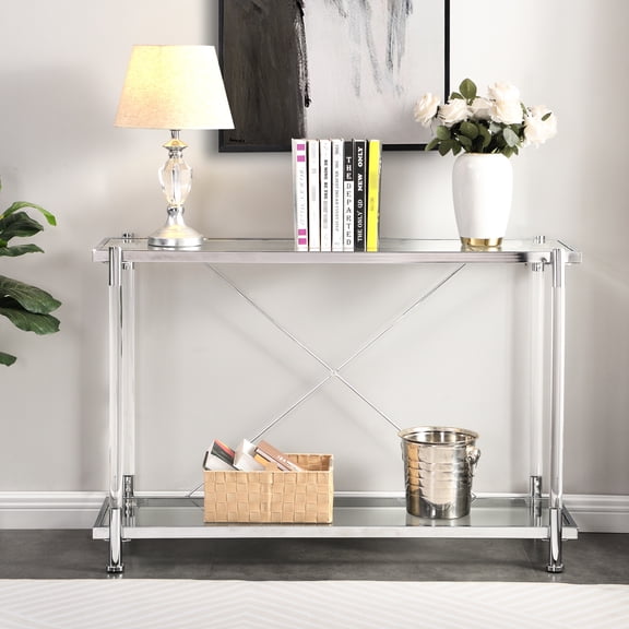 42.76'' Table With - Steel & Glass, Acrylic Legs, 2 Shelves For Storage, Construction In Living Room Console Edge And Glass Shelves, Bedroom