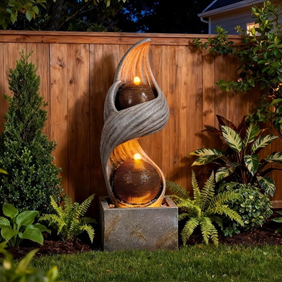 42.9"H Large Indoor Water Fountains,Modern Spiral Water Fountain Outdoor with Dual Spheres Zen Water Feature Floor Fountain with Light LED Waterfall for Outside Deck, Patio, Porch, Garden, Yard Decor