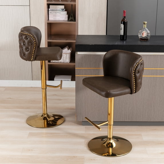 42.9" H Swivel Bar Stools Set of 2 with Adjustable Counter Height,Modern PU Upholstered,Bar Stools with Back & Gold Footrest,Suitable for Pub,Kitchen,Brown