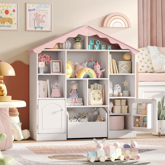 42.9-Inch Pink House-Shaped Kids Bookshelf with Wavy Roof, 9 Storage Cubbies, and Movable Drawer, Toy Storage Cabinet
