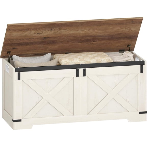 42.9" Large Storage Chest with Barn Door Design, Lift-Top Organizer Trunk for Bedroom or Living Room, White and Brown