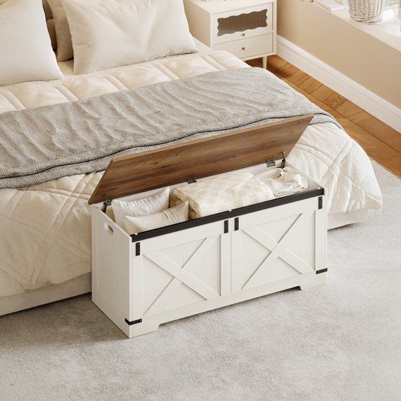 42.9"Storage Bench Trunk 2 Hinges,Farmhouse Organizer for Entryway Bedroom,White Brown