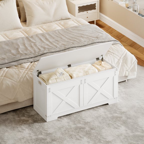 42.9"Storage Bench Trunk 2 Hinges,Farmhouse Organizer for Entryway Bedroom,White